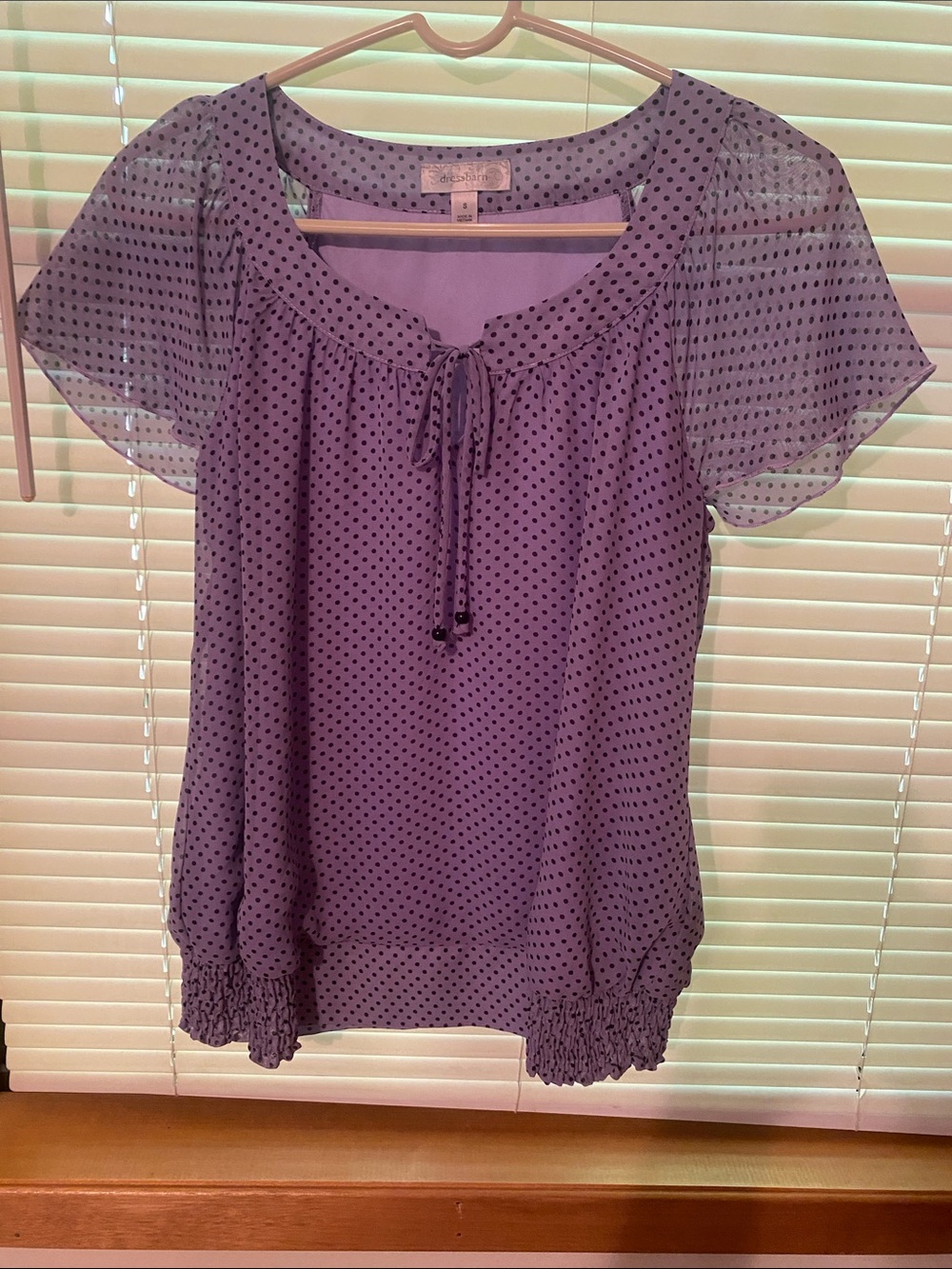 Dress Barn Lavender Polka Dot Short Sleeve Tie-Neck Blouse
